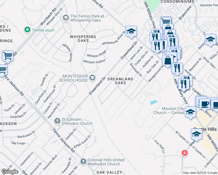 map of restaurants, bars, coffee shops, grocery stores, and more near 10703 Cedar Elm Drive in San Antonio
