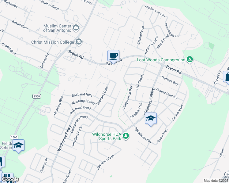 map of restaurants, bars, coffee shops, grocery stores, and more near 10207 Caspian Bend in San Antonio