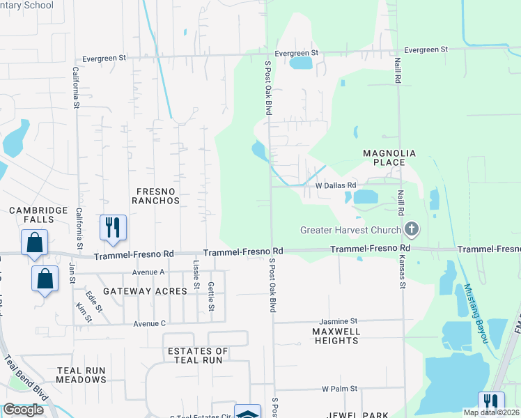 map of restaurants, bars, coffee shops, grocery stores, and more near 20110 South Post Oak Boulevard in Fresno