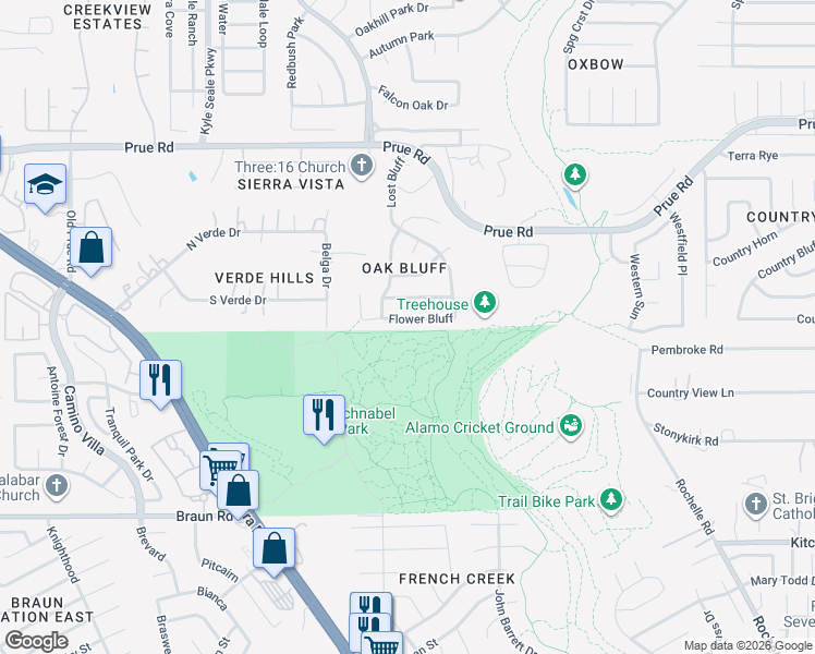 map of restaurants, bars, coffee shops, grocery stores, and more near 7720 Flower Bluff in San Antonio