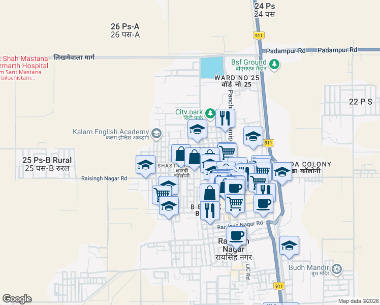 map of restaurants, bars, coffee shops, grocery stores, and more near in Raisingh Nagar