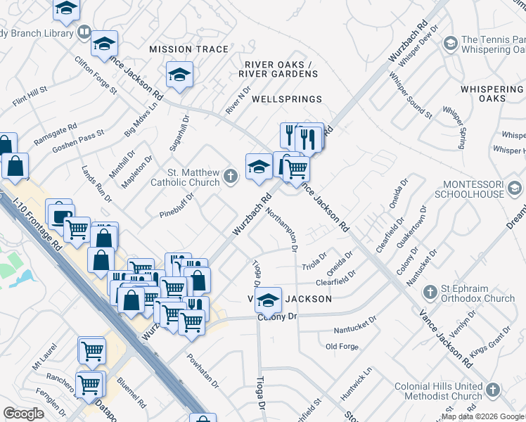 map of restaurants, bars, coffee shops, grocery stores, and more near 3507 Backbay Drive in San Antonio