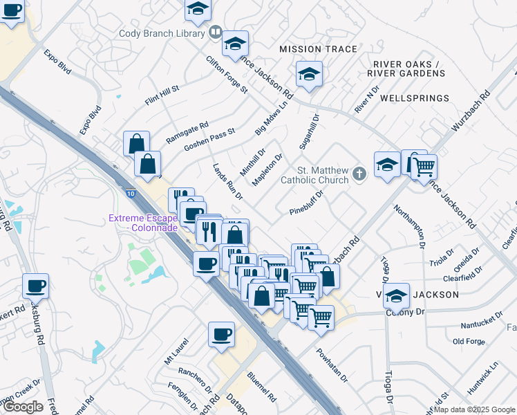 map of restaurants, bars, coffee shops, grocery stores, and more near 10511 Pinedale Drive in San Antonio