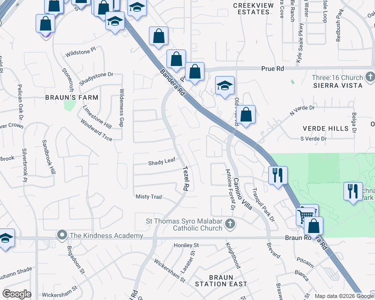 map of restaurants, bars, coffee shops, grocery stores, and more near 10030 Tezel Road in San Antonio