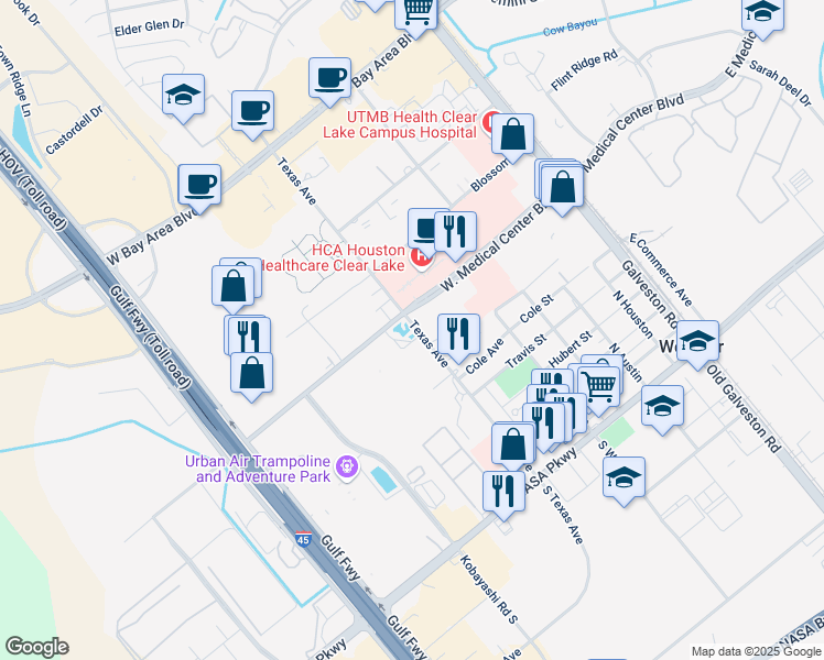 map of restaurants, bars, coffee shops, grocery stores, and more near 726 Texas Avenue in Webster