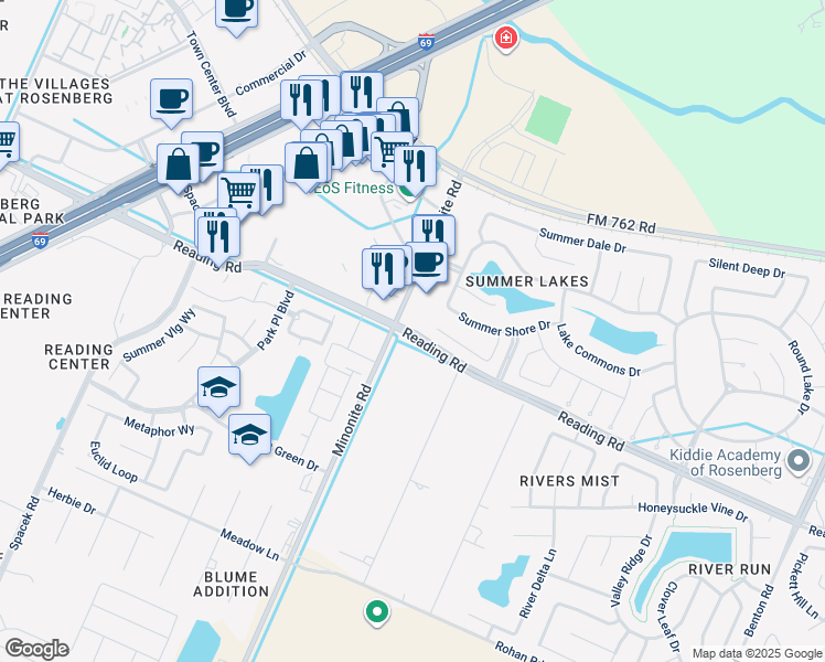map of restaurants, bars, coffee shops, grocery stores, and more near 7514 Reading Road in Rosenberg