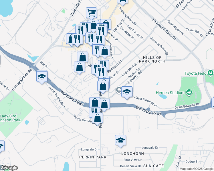 map of restaurants, bars, coffee shops, grocery stores, and more near 10738 Perrin Beitel Road in San Antonio