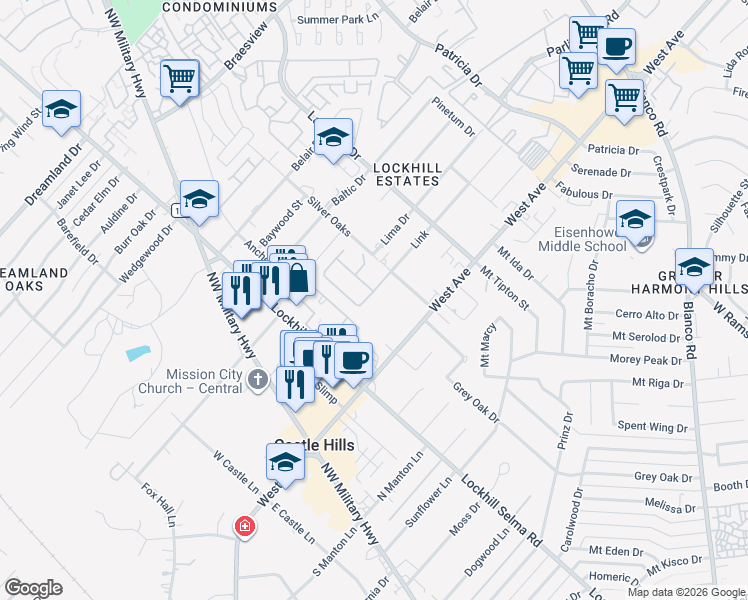 map of restaurants, bars, coffee shops, grocery stores, and more near 10614 Alys Way in San Antonio