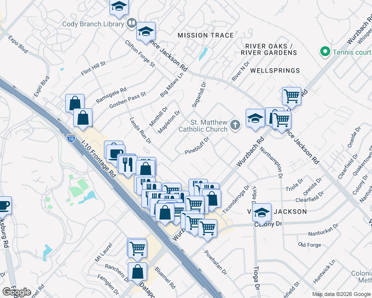 map of restaurants, bars, coffee shops, grocery stores, and more near 3638 Pinebluff Drive in San Antonio