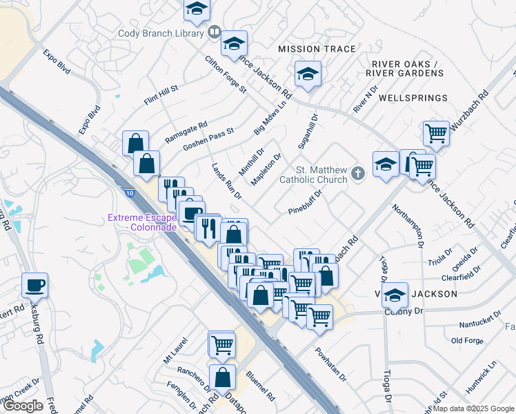 map of restaurants, bars, coffee shops, grocery stores, and more near 10511 Pinedale Drive in San Antonio