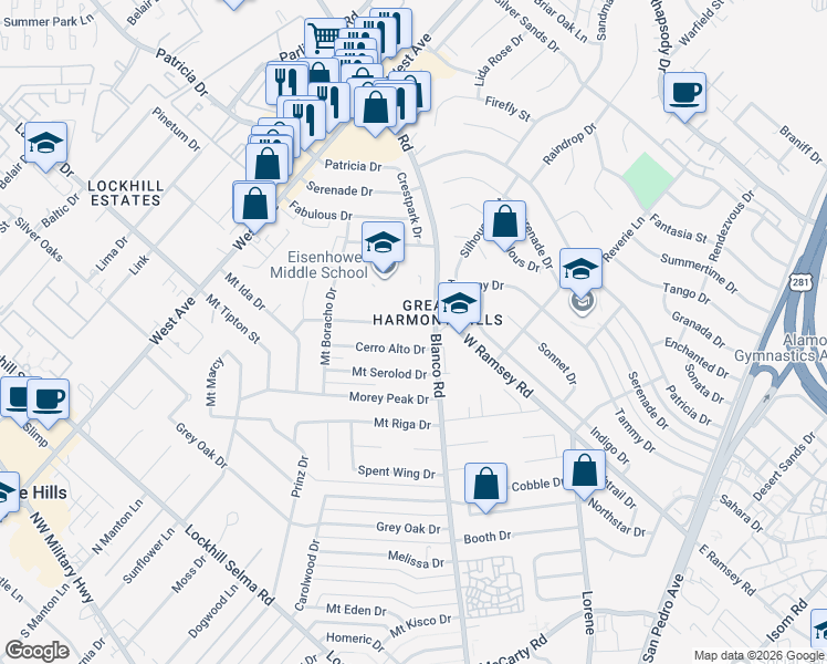 map of restaurants, bars, coffee shops, grocery stores, and more near 923 Cerro Alto Drive in San Antonio