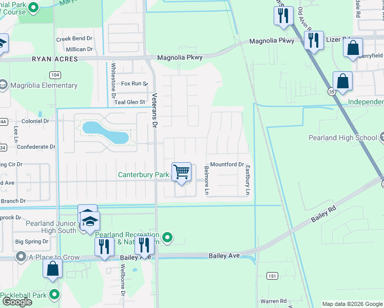 map of restaurants, bars, coffee shops, grocery stores, and more near 4001 Whitlam Drive in Pearland