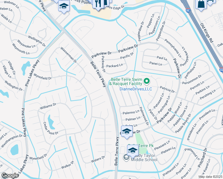 map of restaurants, bars, coffee shops, grocery stores, and more near 113 Palmwood Drive in Palm Coast