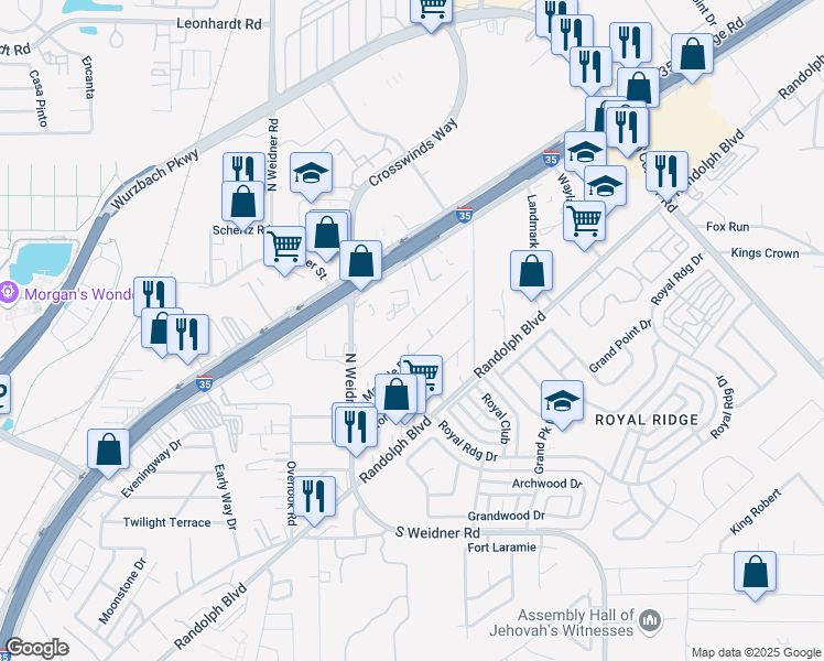 map of restaurants, bars, coffee shops, grocery stores, and more near 5642 Bienville Drive in San Antonio