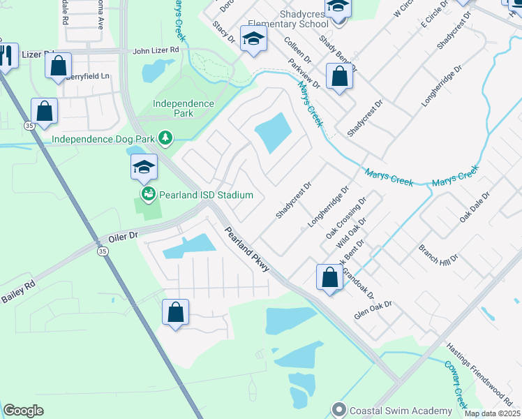 map of restaurants, bars, coffee shops, grocery stores, and more near 3611 Fir Hollow Way in Pearland