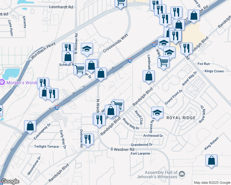 map of restaurants, bars, coffee shops, grocery stores, and more near 5642 Bienville Drive in San Antonio