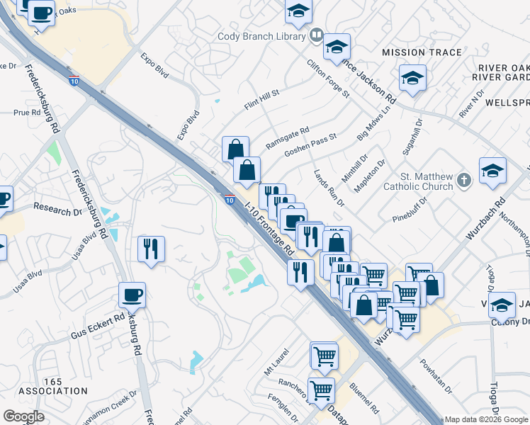map of restaurants, bars, coffee shops, grocery stores, and more near 10303 Frontage Road in San Antonio