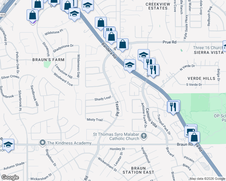 map of restaurants, bars, coffee shops, grocery stores, and more near 10030 Tezel Road in San Antonio