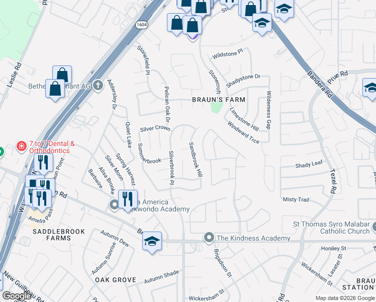 map of restaurants, bars, coffee shops, grocery stores, and more near 10123 Sandbrook Hill in San Antonio