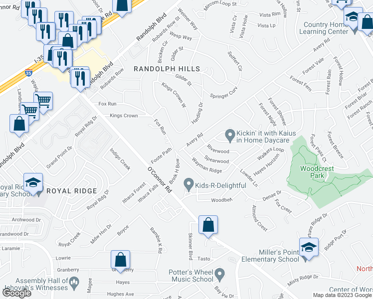 map of restaurants, bars, coffee shops, grocery stores, and more near 7100 Avery Road in Live Oak