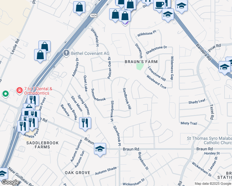 map of restaurants, bars, coffee shops, grocery stores, and more near 10102 Silverbrook Place in San Antonio