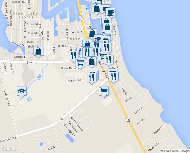 map of restaurants, bars, coffee shops, grocery stores, and more near 210 Hanson Road in Kemah