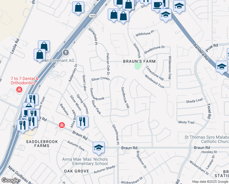 map of restaurants, bars, coffee shops, grocery stores, and more near 10102 Silverbrook Place in San Antonio