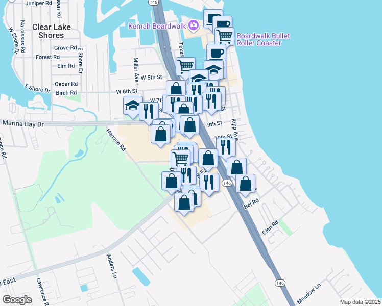 map of restaurants, bars, coffee shops, grocery stores, and more near 210 Hanson Road in Kemah