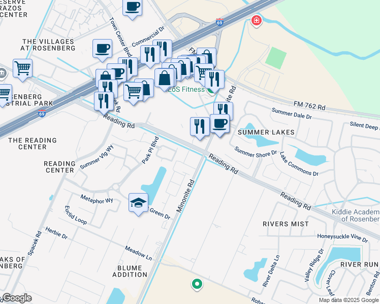 map of restaurants, bars, coffee shops, grocery stores, and more near 7210 Reading Road in Rosenberg