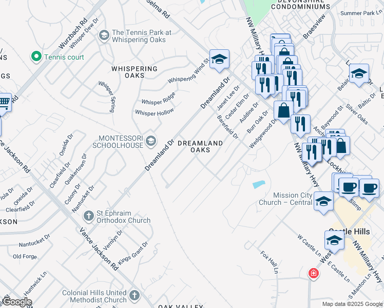 map of restaurants, bars, coffee shops, grocery stores, and more near 10714 Cedar Elm Drive in San Antonio