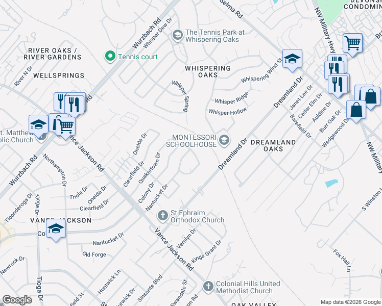 map of restaurants, bars, coffee shops, grocery stores, and more near 3014 Nantucket Drive in San Antonio