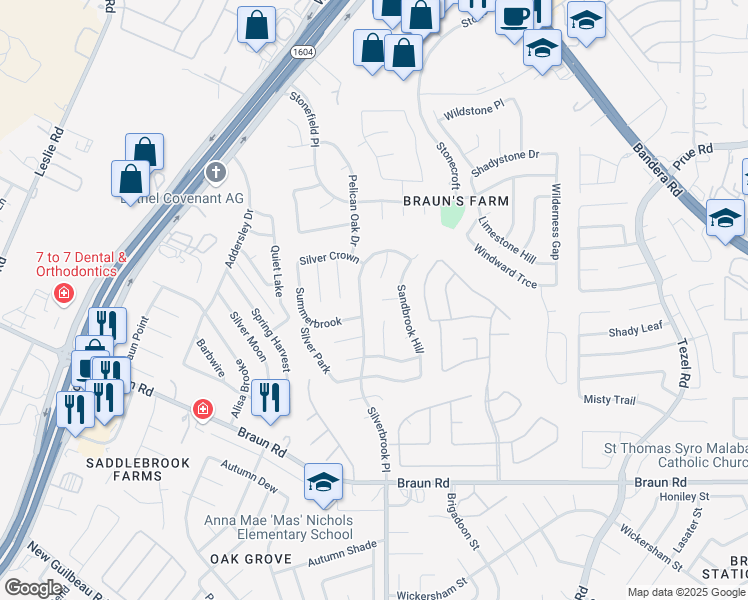 map of restaurants, bars, coffee shops, grocery stores, and more near 10102 Silverbrook Place in San Antonio