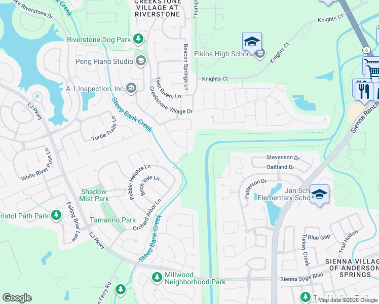 map of restaurants, bars, coffee shops, grocery stores, and more near 6013 Thompson Ferry Road in Sugar Land