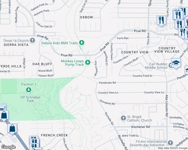 map of restaurants, bars, coffee shops, grocery stores, and more near 7042 Western Skies in San Antonio