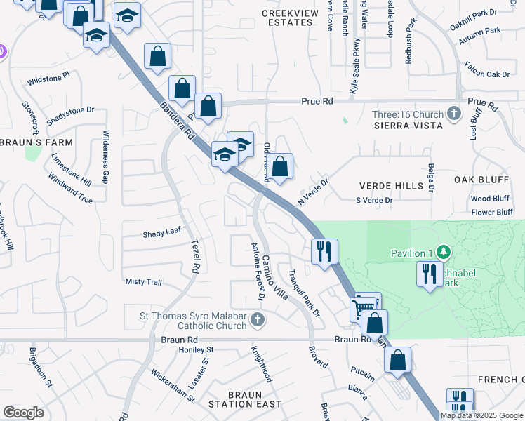 map of restaurants, bars, coffee shops, grocery stores, and more near 9830 Camino Villa in San Antonio