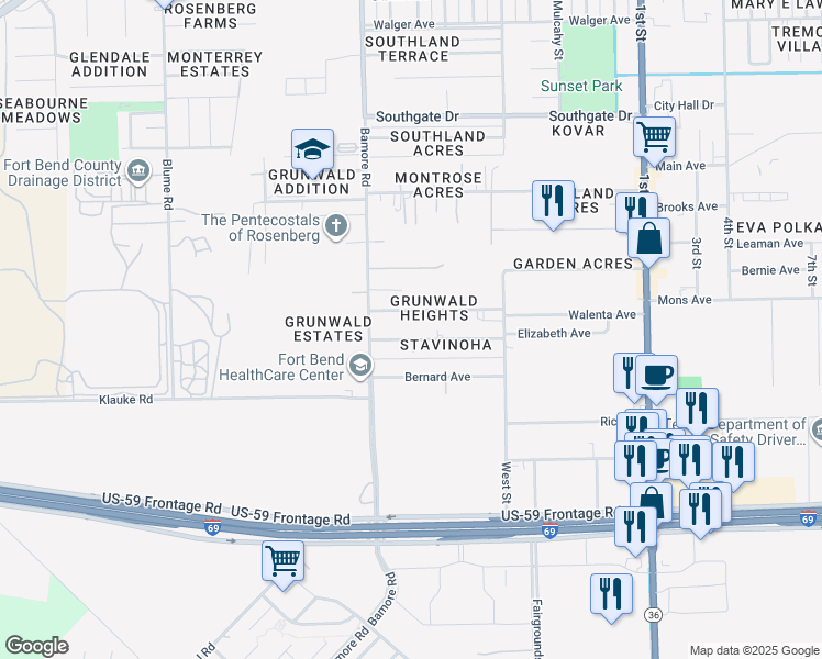 map of restaurants, bars, coffee shops, grocery stores, and more near 1002 Elizabeth Avenue in Rosenberg