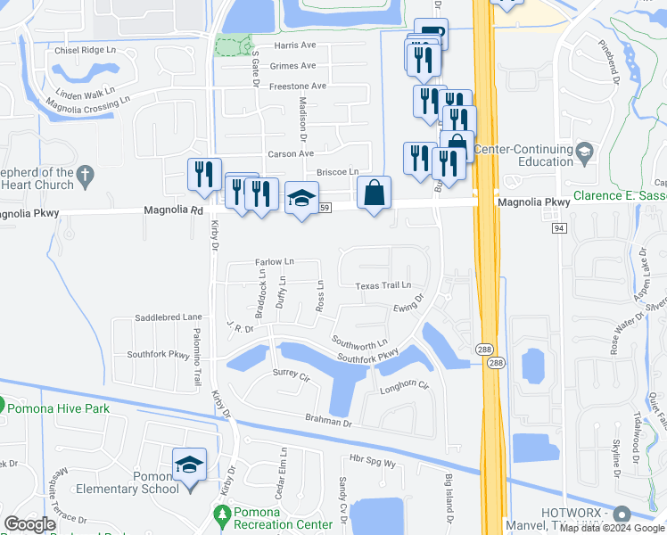 map of restaurants, bars, coffee shops, grocery stores, and more near 3310 Barnes Lane in Manvel