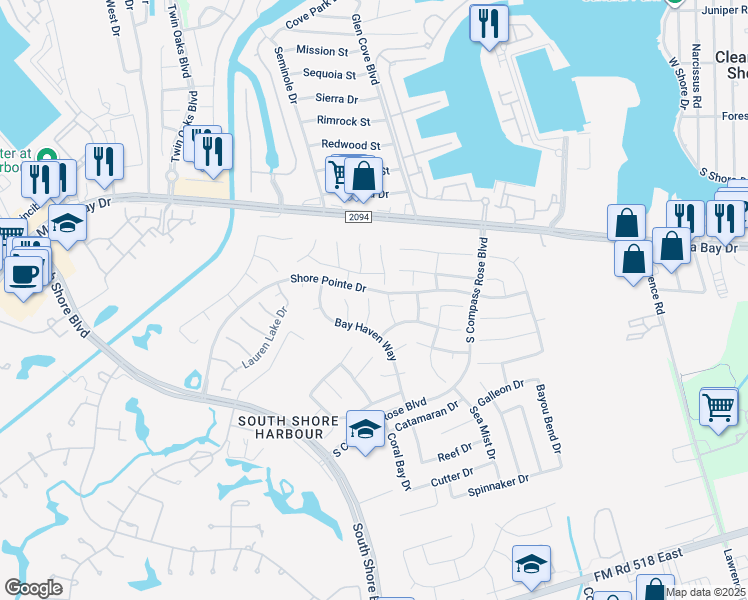 map of restaurants, bars, coffee shops, grocery stores, and more near 2210 Crimson Cove Court in League City