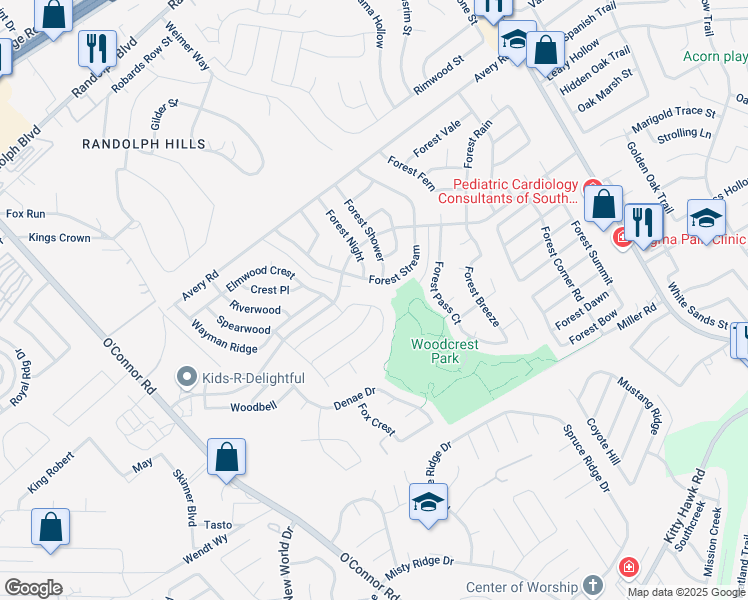 map of restaurants, bars, coffee shops, grocery stores, and more near 7602 Forest Stream in Live Oak