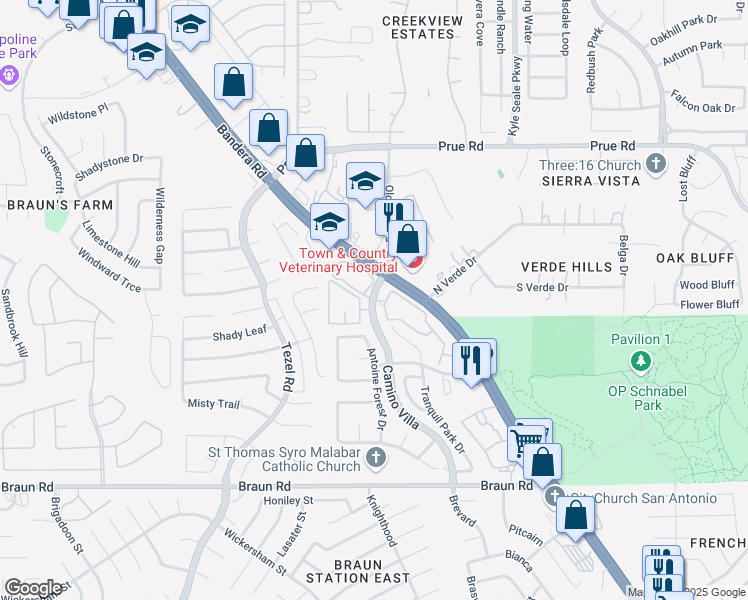 map of restaurants, bars, coffee shops, grocery stores, and more near 9832 Camino Villa in San Antonio