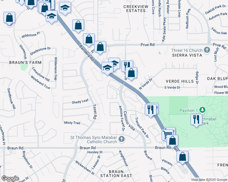 map of restaurants, bars, coffee shops, grocery stores, and more near 9821 Camino Villa in San Antonio