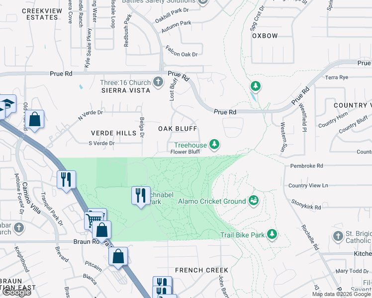 map of restaurants, bars, coffee shops, grocery stores, and more near 7720 Flower Bluff in San Antonio