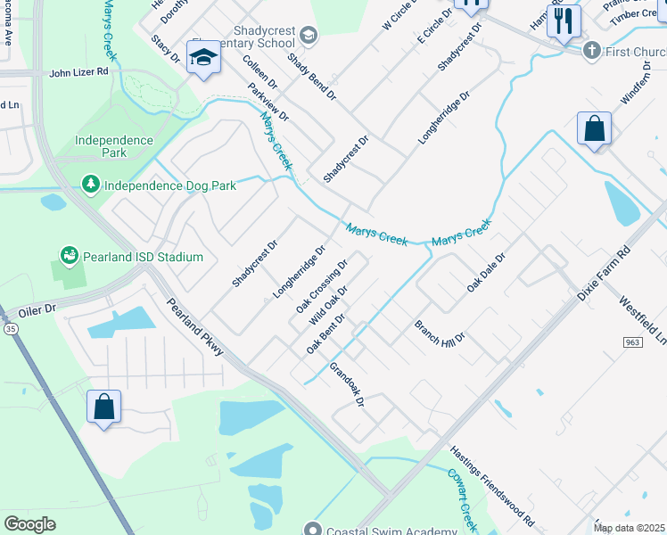 map of restaurants, bars, coffee shops, grocery stores, and more near 3615 Oak Crossing Drive in Pearland