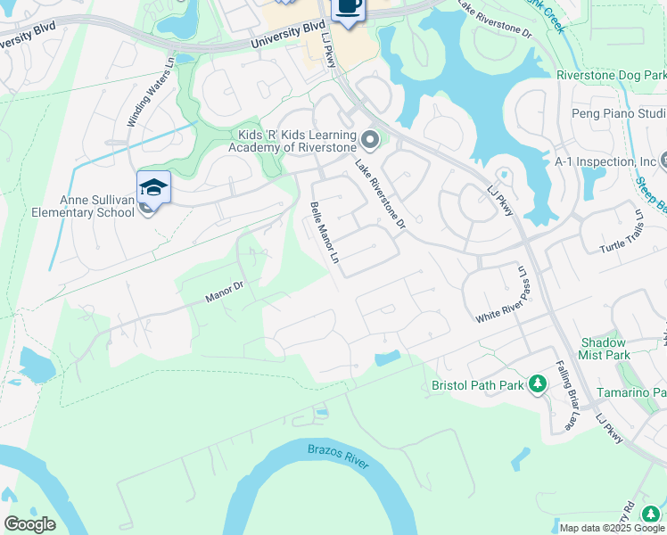 map of restaurants, bars, coffee shops, grocery stores, and more near 5422 Belle Manor Lane in Sugar Land