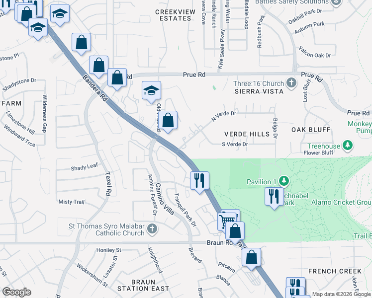 map of restaurants, bars, coffee shops, grocery stores, and more near 8390 North Verde Drive in San Antonio