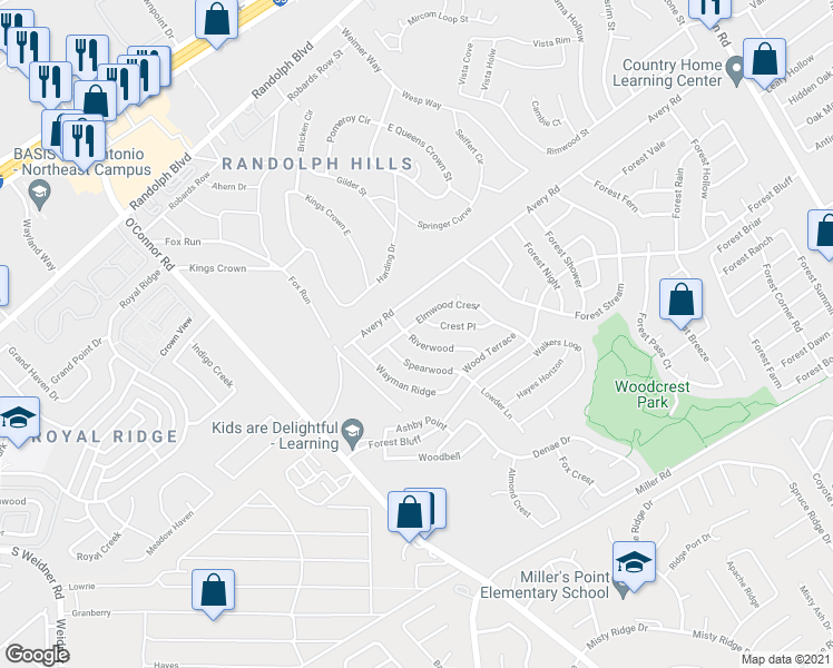map of restaurants, bars, coffee shops, grocery stores, and more near 6709 Riverwood in San Antonio