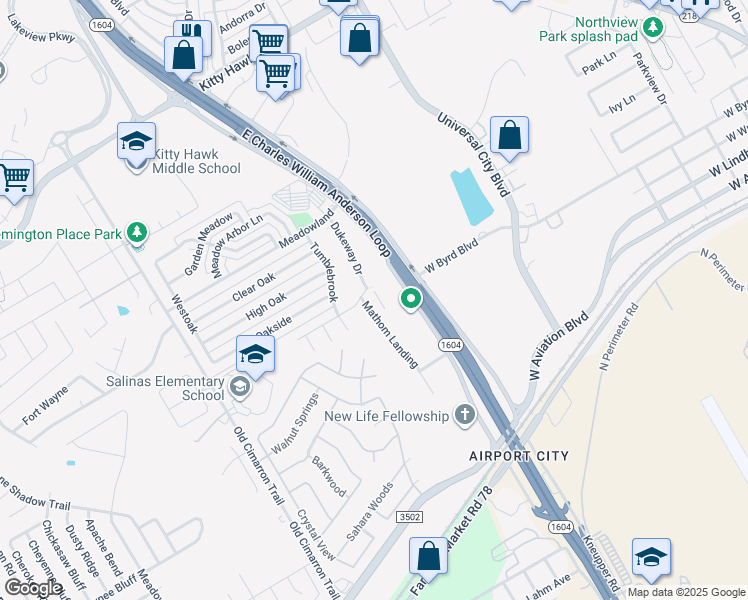 map of restaurants, bars, coffee shops, grocery stores, and more near 11503 East Loop 1604 North in Universal City