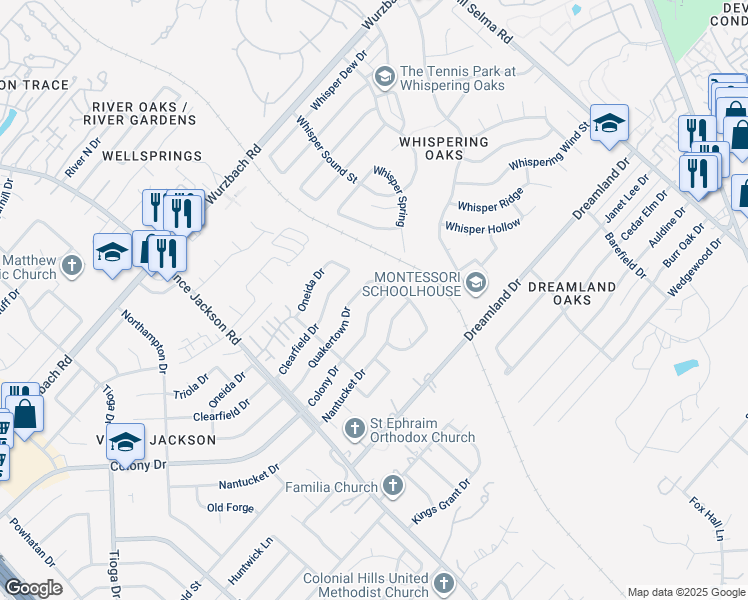 map of restaurants, bars, coffee shops, grocery stores, and more near 3001 Quakertown Drive in San Antonio