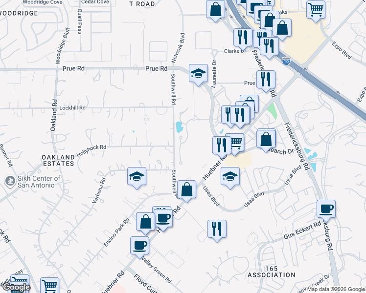 map of restaurants, bars, coffee shops, grocery stores, and more near 10315 Legacy Hill in San Antonio