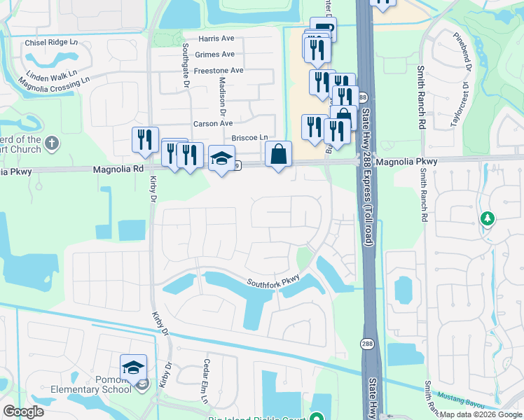 map of restaurants, bars, coffee shops, grocery stores, and more near 3215 Northgate Court in Manvel